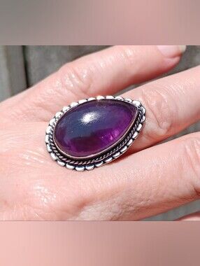 Natural Purple Amethyst Sterling Silver Teardrop Statement Ring Sz 6